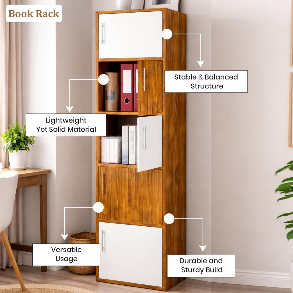 Callas Wooden Book Rack | Multi-Compartment Storage Cabinet | Space-Saving Vertical Bookshelf with Doors | Durable & Sturdy Organizer for Home & Office (BR-25-Walnut)