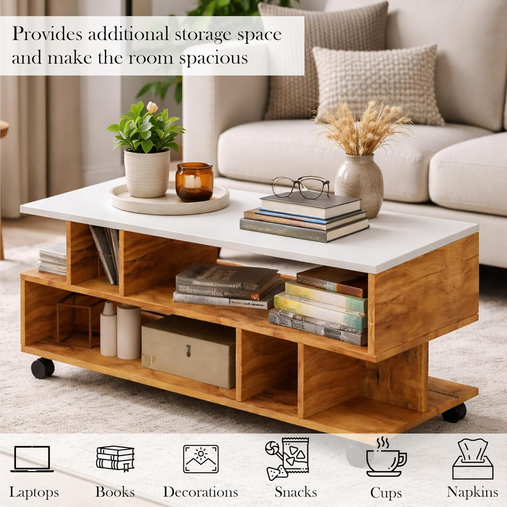 Callas Coffee Table with Multi-Purpose Storage, Wood, Walnut and Natural Finish,Modern Style (Walnut, CT-22-Wheel)