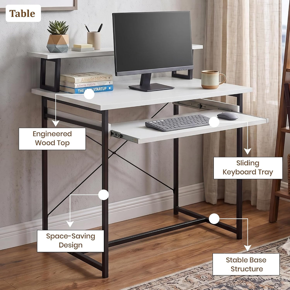 Callas ST-25 DeskMate Pro Engineered Wood Study Desk | 90×54×94.5 cm | Sliding Keyboard Tray, Monitor Riser Shelf | Metal Frame | Home Office, Gaming & Kids Room (White, ST-25) - 1 Year Warranty