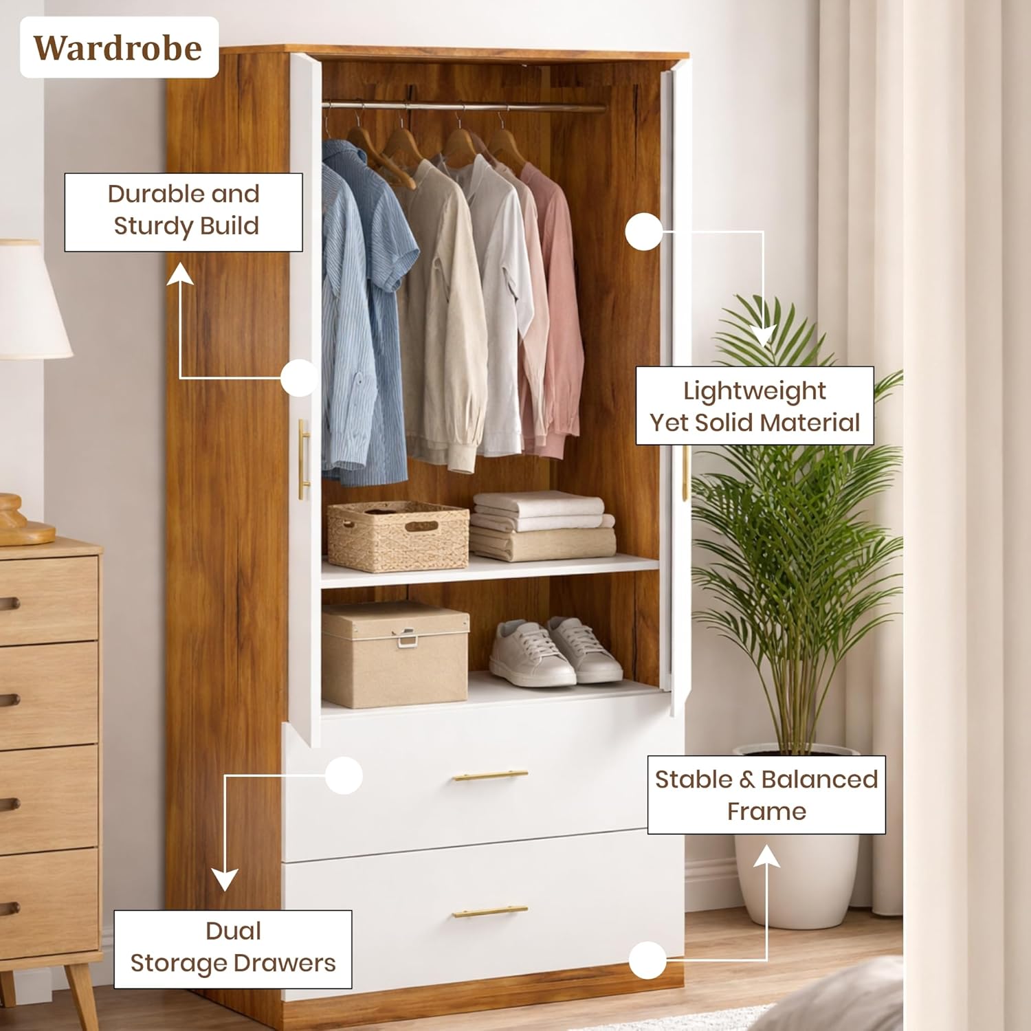 Callas Estoria 2 Door Wooden Wardrobe with 2 Large Drawers | Spacious Hanging Section | Multi-Utility Side Shelves | Engineered Wood Almirah for Bedroom |Free Installation with 1 Year Warranty (White-Walnut, Estoria-2)