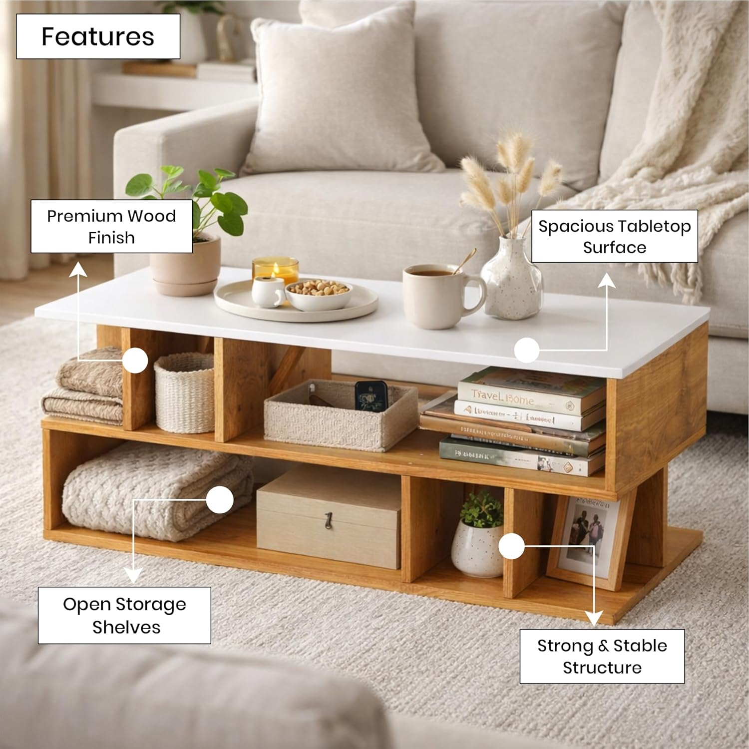 Callas Coffee Table with Multi-Purpose Storage, Wood, Walnut and Natural Finish,Modern Style (Walnut-CT-22)