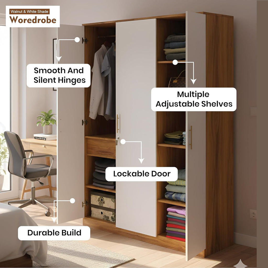 Callas 3 Door Wooden Wardrobe for Bedroom | Engineered Wood Almirah with Hanging Rod, Lockable Door & Drawer |1 Year Warranty with Free Installation (Wardrobe-Walnut)