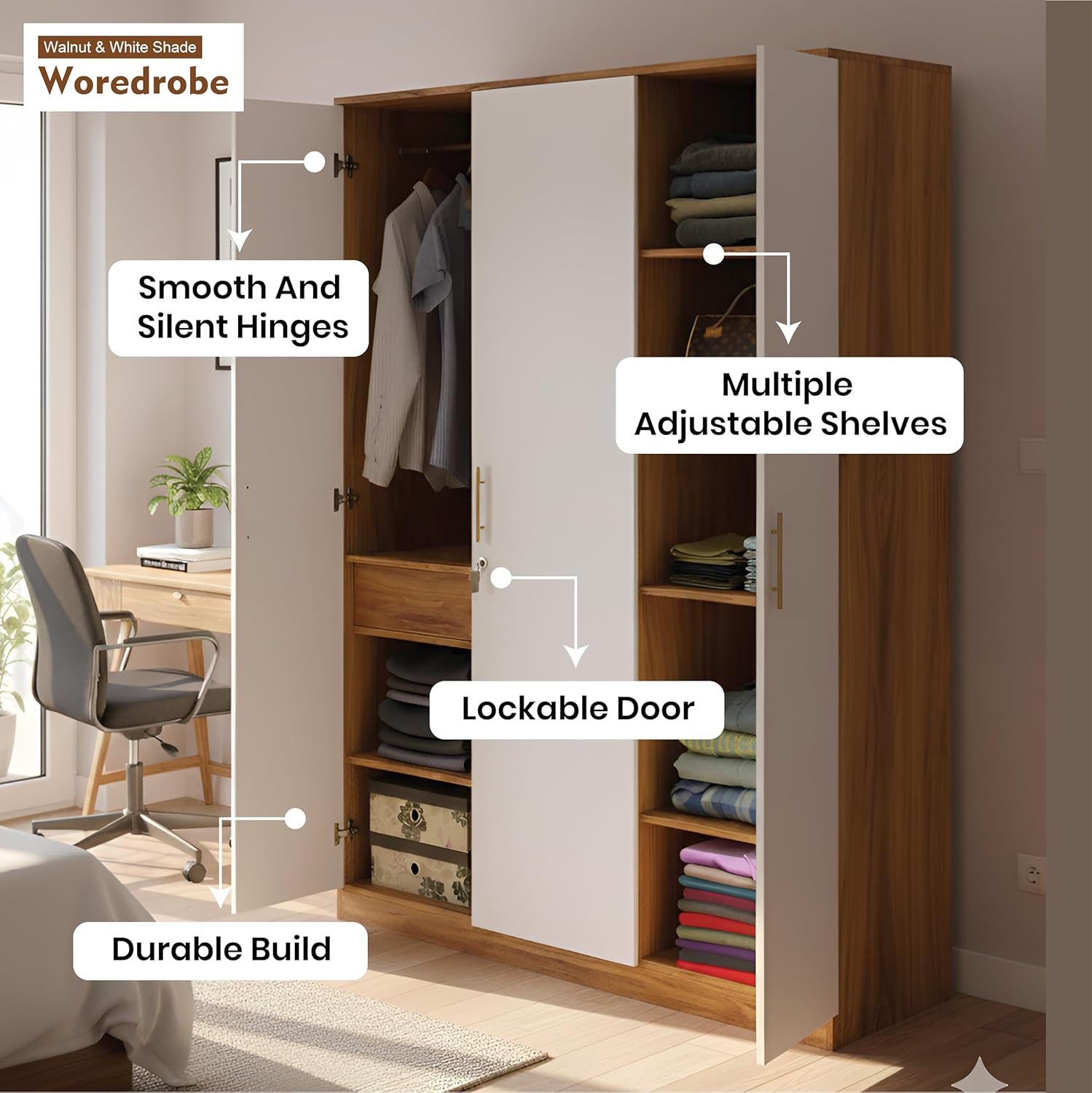 Callas 3 Door Wooden Wardrobe for Bedroom | Engineered Wood Almirah with Hanging Rod, Lockable Door & Drawer |1 Year Warranty with Free Installation (Wardrobe-Walnut)