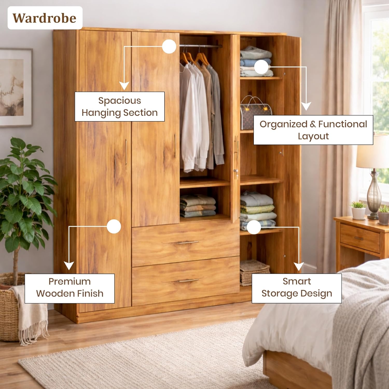 Callas Estoria 4 Door Wooden Wardrobe with 2 Large Drawers | Spacious Hanging Section | Multi-Utility Side Shelves | Engineered Wood Almirah for Bedroom | Free Installation with 1 Year Warranty (Walnut-Estoria-4)