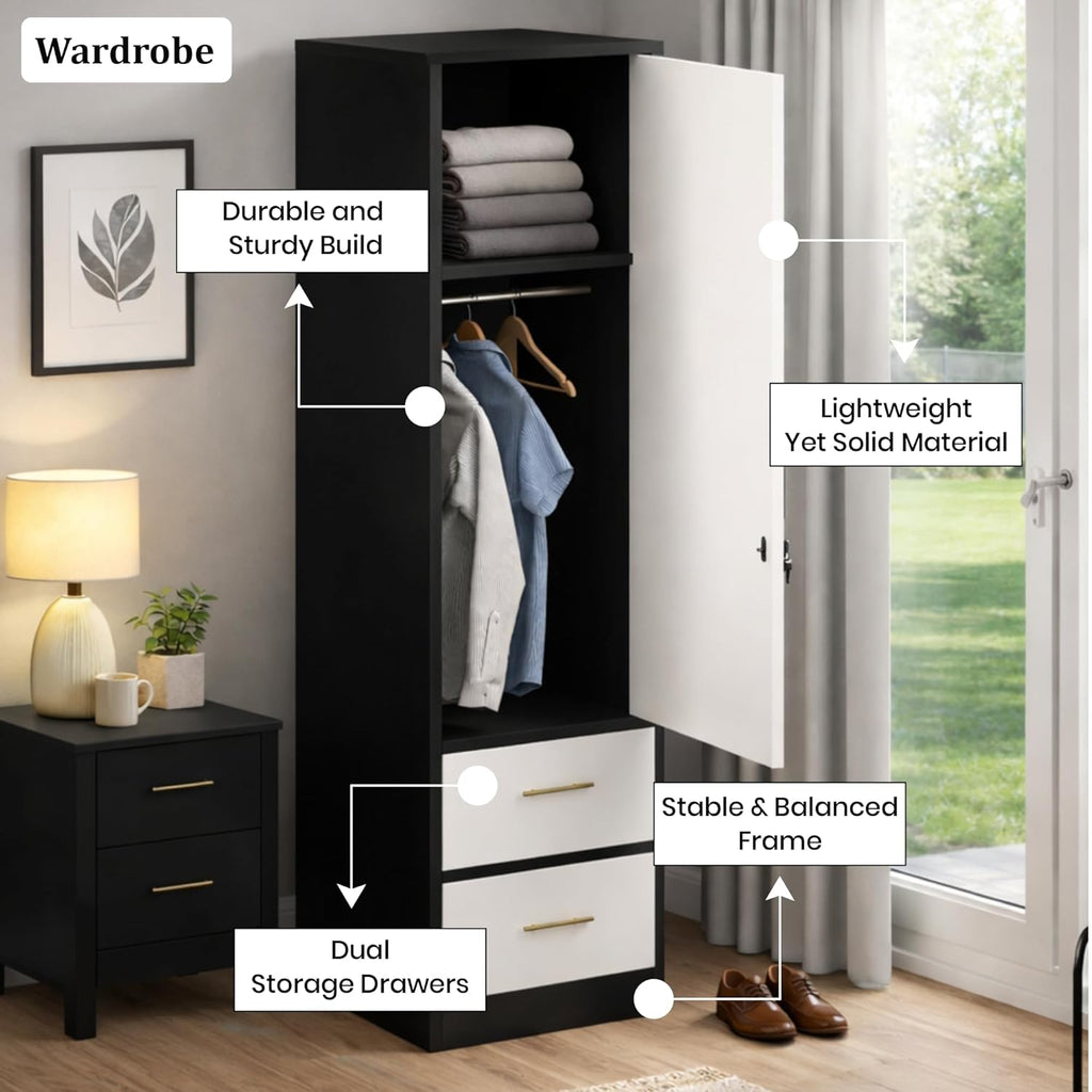 Callas Single Door Wardrobe with Hanging Space & Dual Drawers | Compact Storage Cabinet with Organized Interior | Modern Wooden Almirah for Bedroom & Home (White-Black, Estoria-1)