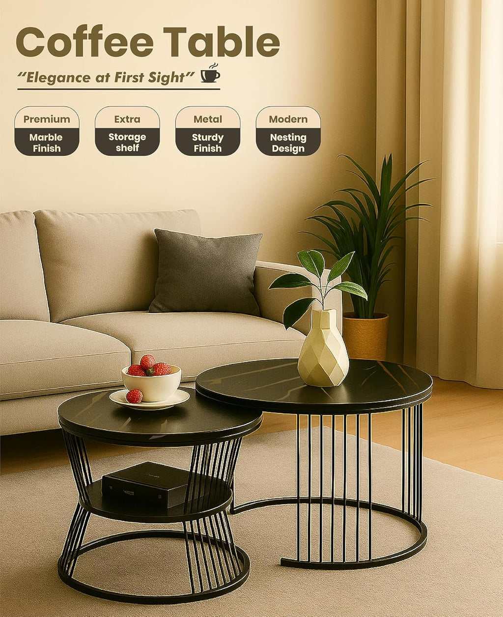 Callas Modern Nesting Coffee Table Set of 2 with Marble Finish Engineered Wood Top and Gold Metal Frame | Round Living Room Center Table for Sofa Side Home Decor | Pre-Assembled (Black, CT-03)