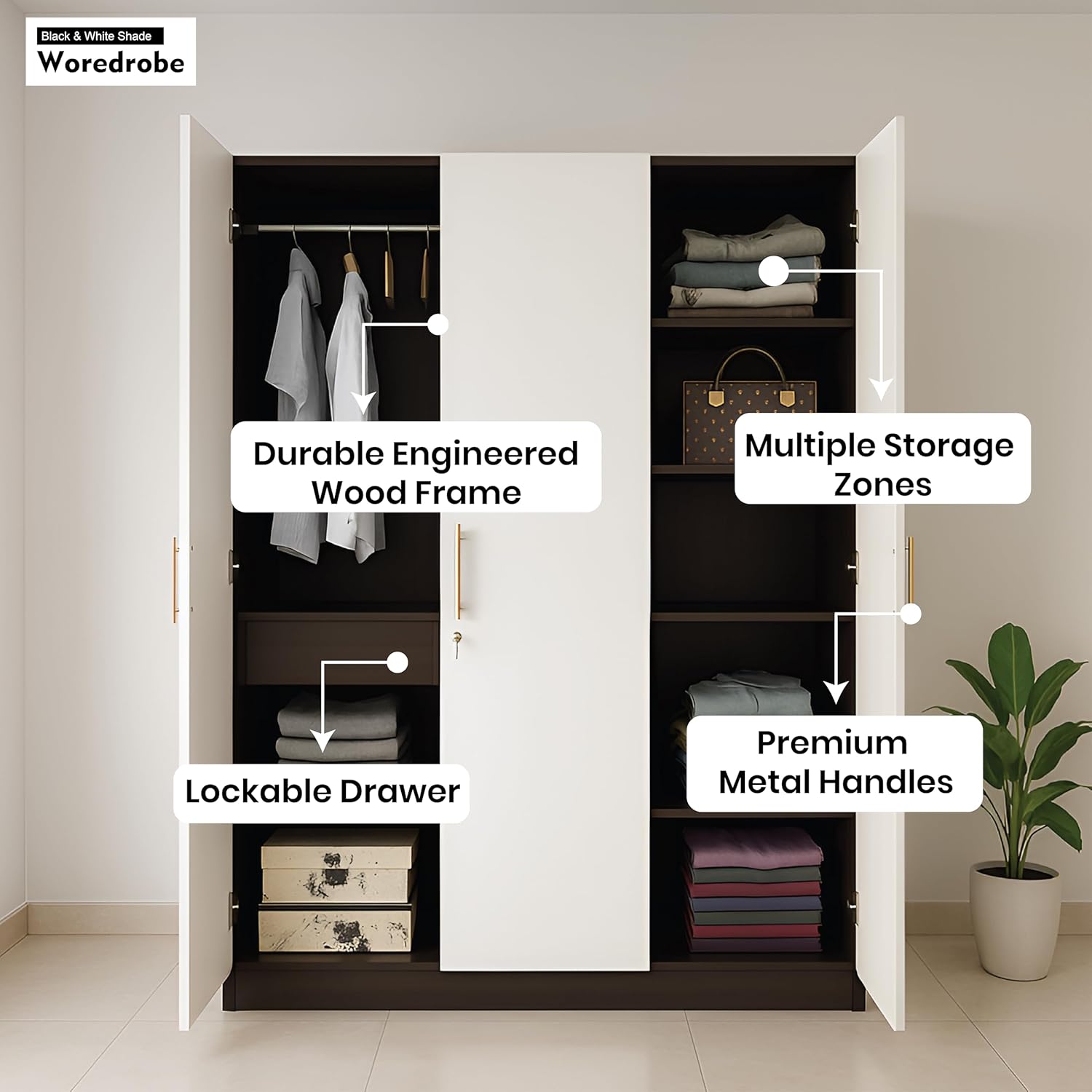 Callas 3 Door Wooden Wardrobe for Bedroom | Engineered Wood Almirah with Hanging Rod, Lockable Door & Drawer, |1 Year Warranty with Free Installation (Wardrobe-3 Door, Black)