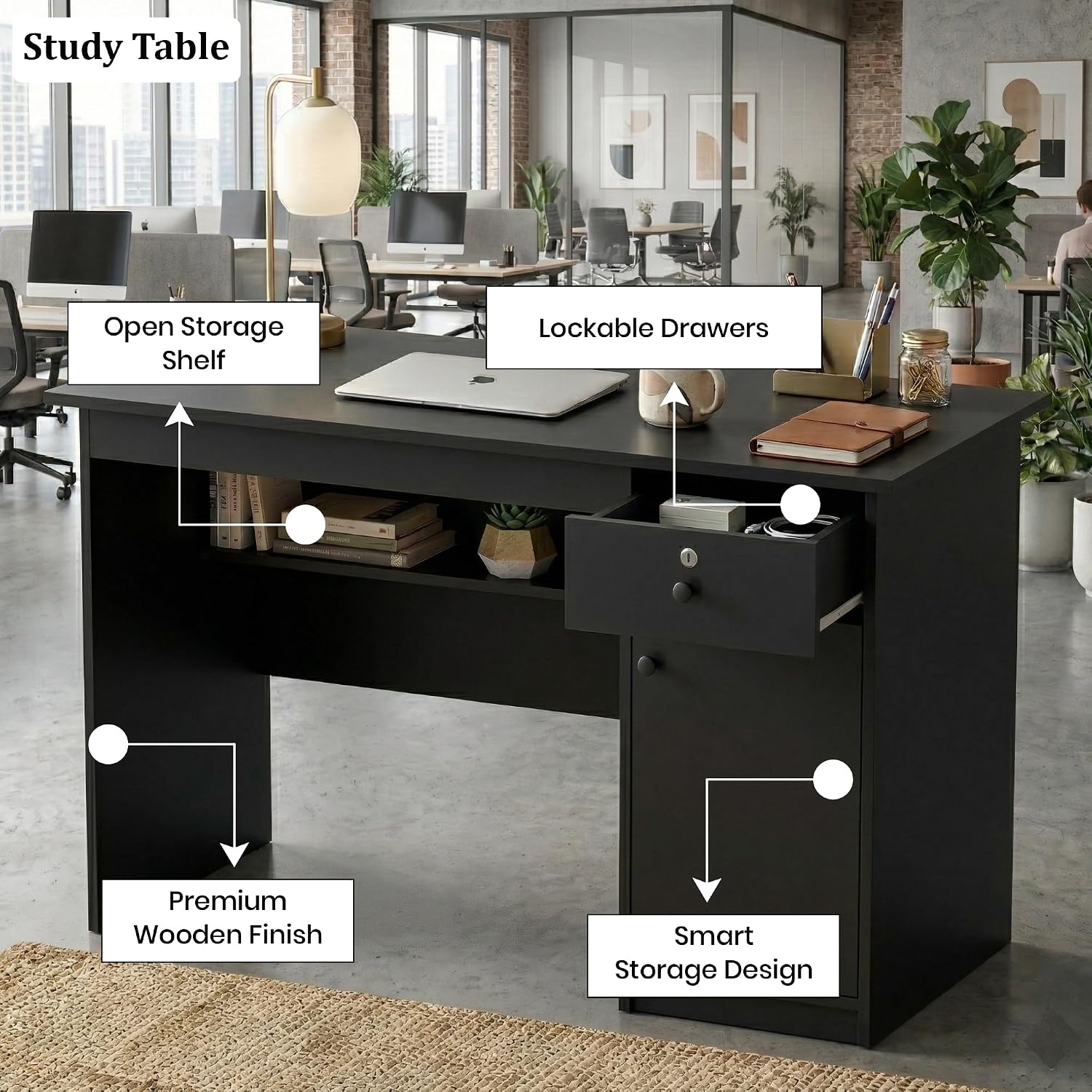 Callas DeskVault ST-18 Engineered Wood Study Table with Lockable Drawer, Storage Cabinet and Open Shelf for Home Office, Bedroom and Living Room, 120L x 59W x 75H cm - Black
