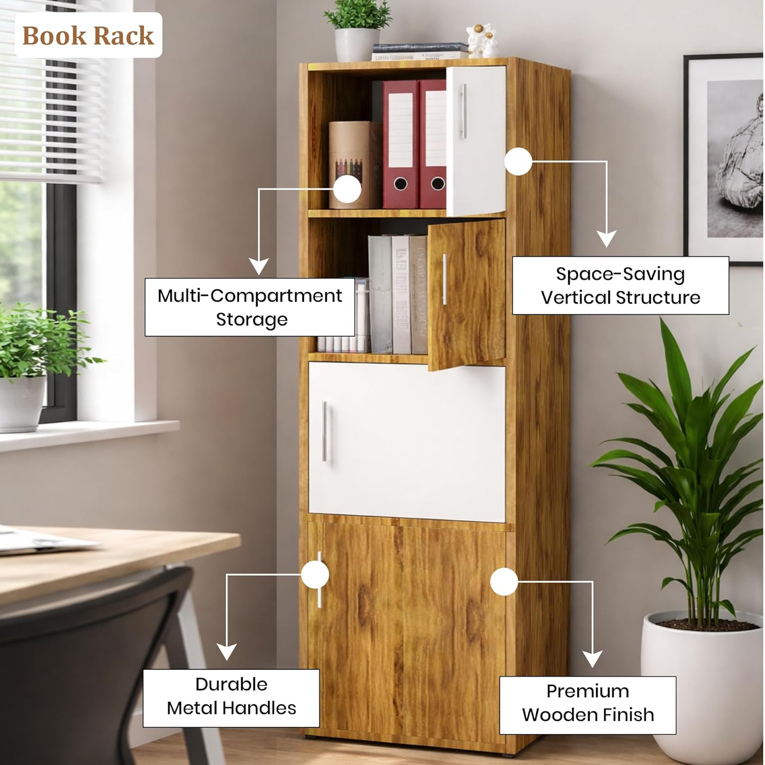 Callas Wooden Book Rack | Multi-Compartment Storage Cabinet | Space-Saving Vertical Bookshelf with Doors | Durable & Sturdy Organizer for Home & Office (BR-24-Walnut)