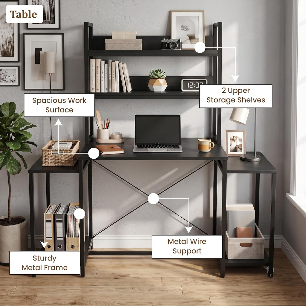 Callas DeskStation ST-26 Engineered Wood Study Table with Storage Hutch and Side Shelves for Home Office, Gaming Table,136L x 54W x 149H cm| Free Installation with 1 Year Warranty - Black