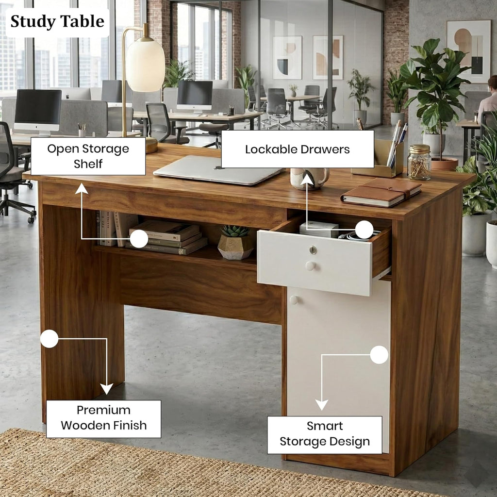 Callas DeskVault ST-18 Engineered Wood Study Table with Lockable Drawer, Storage Cabinet and Open Shelf for Home Office, Bedroom and Living Room, 120L x 59W x 75H cm - Walnut
