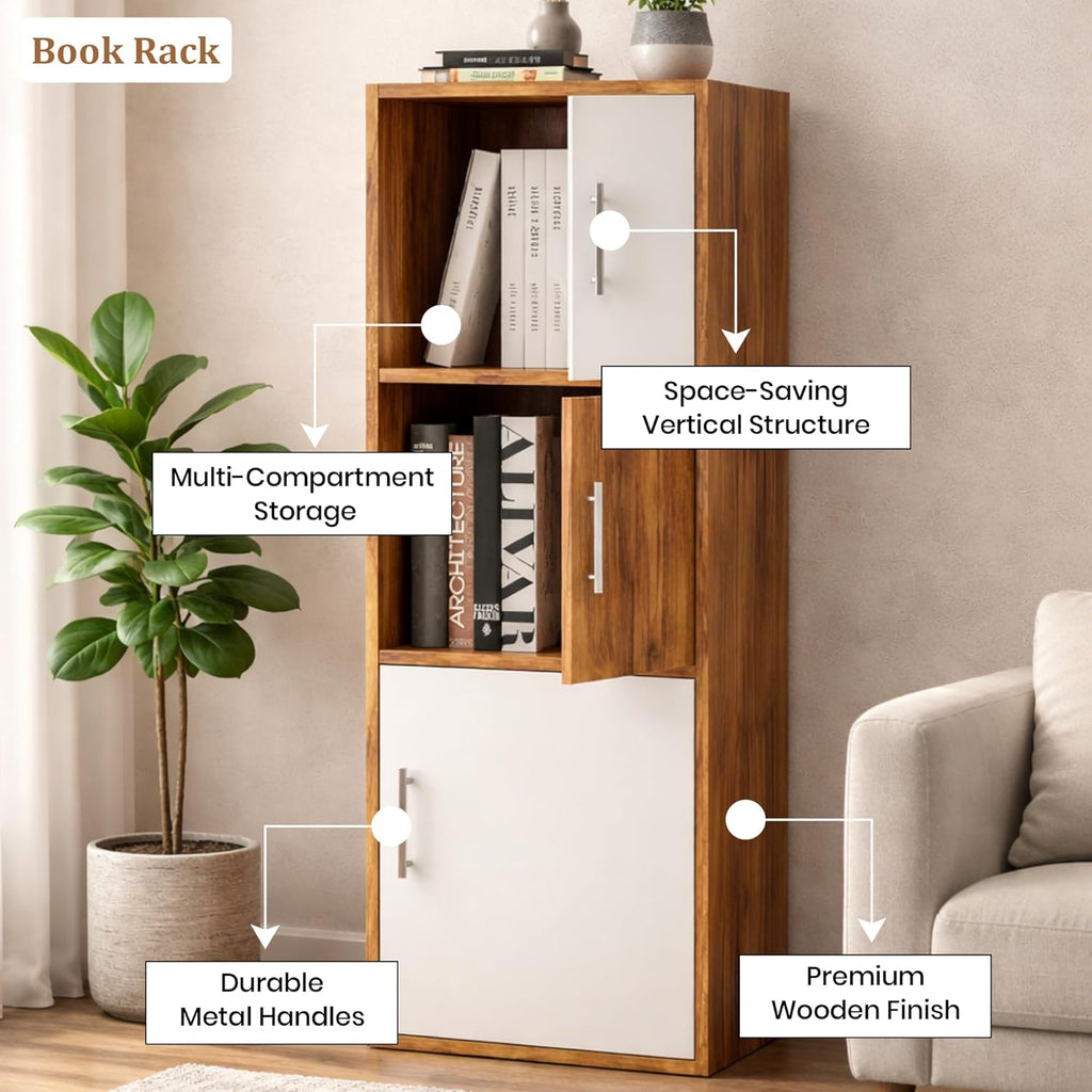Callas Wooden Book Rack | Multi-Compartment Storage Cabinet | Space-Saving Vertical Bookshelf with Doors | Durable & Sturdy Organizer for Home & Office (BR-11-Walnut)