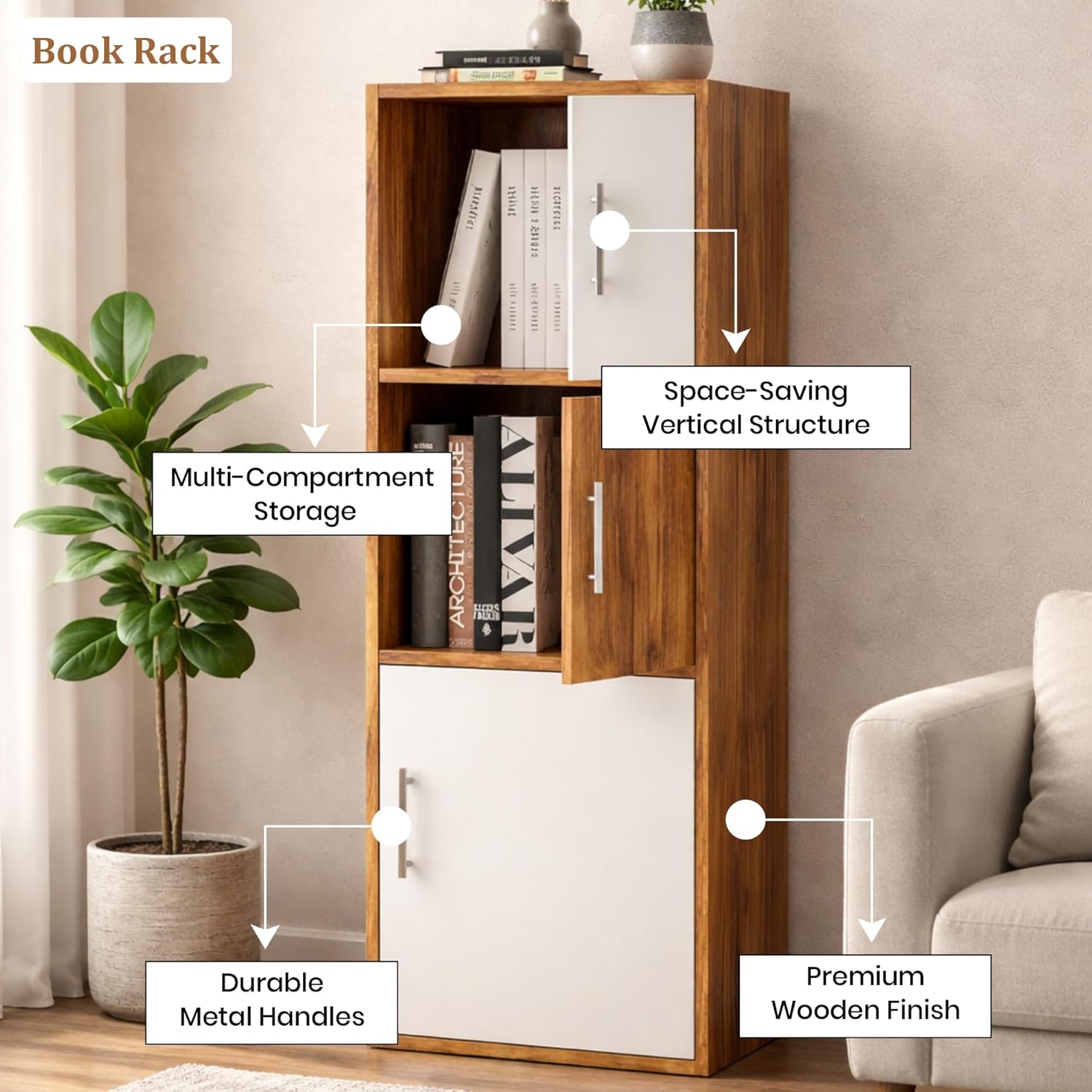 Callas Wooden Book Rack | Multi-Compartment Storage Cabinet | Space-Saving Vertical Bookshelf with Doors | Durable & Sturdy Organizer for Home & Office (BR-11-Walnut)