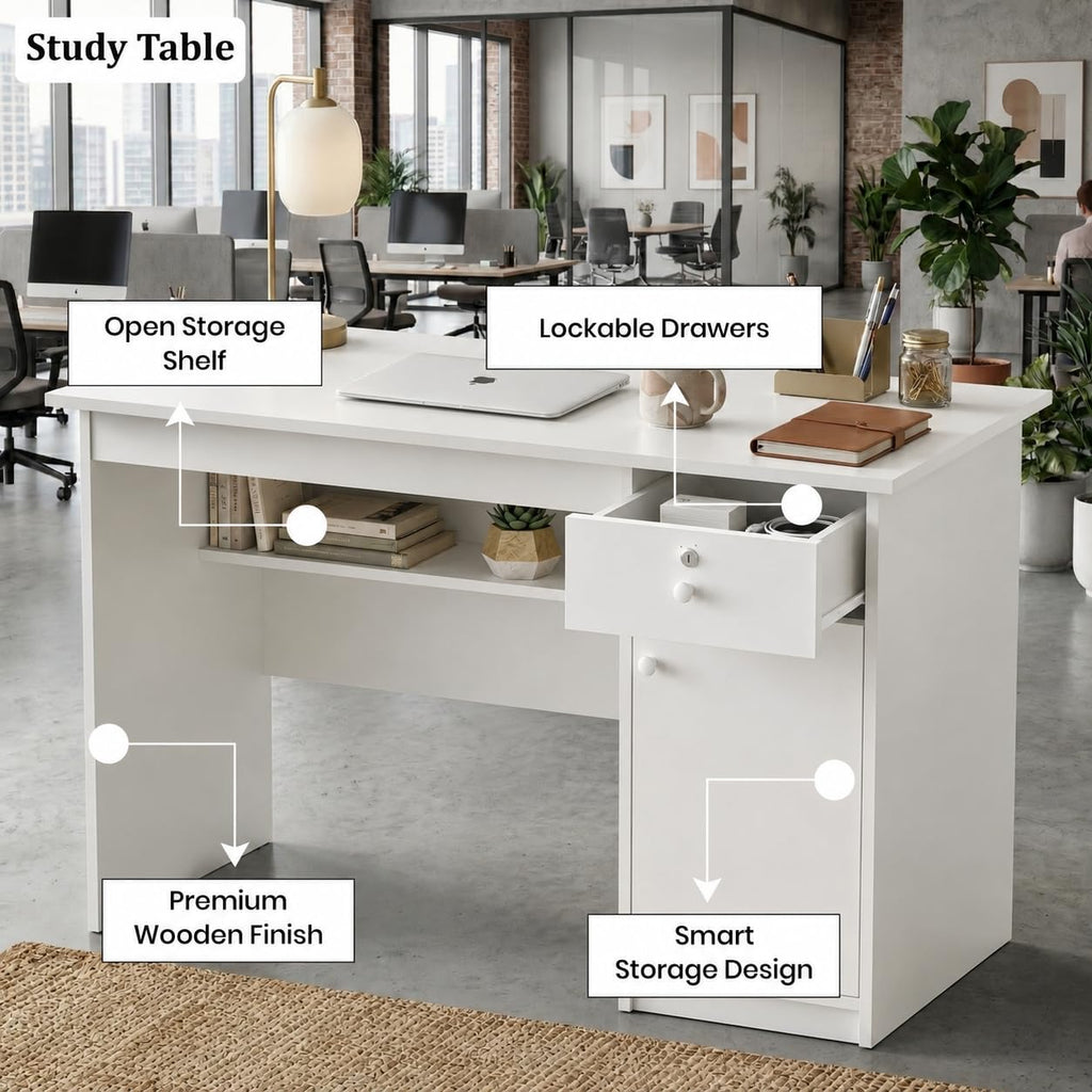 Callas DeskVault ST-18 Engineered Wood Study Table with Lockable Drawer, Storage Cabinet and Open Shelf for Home Office, Bedroom and Living Room, 120L x 59W x 75H cm - White