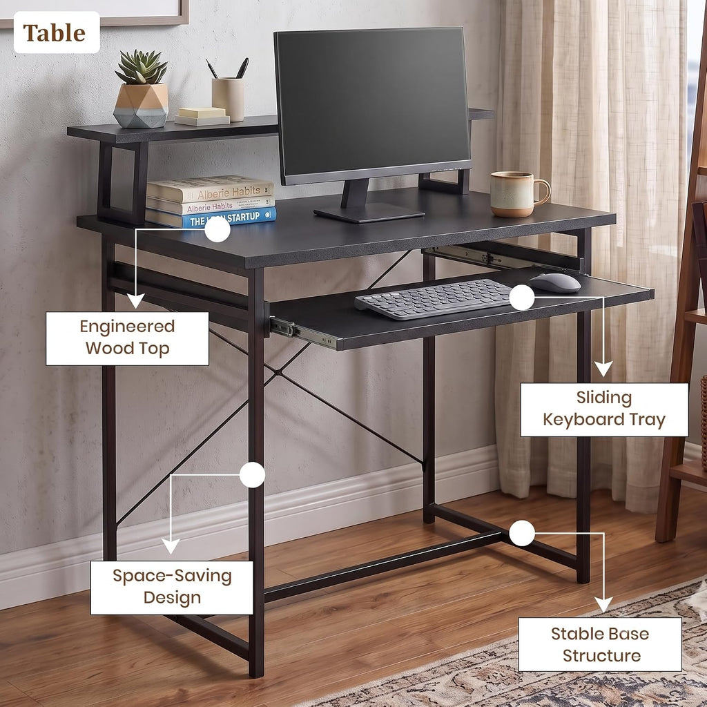 Callas ST-25 DeskMate Pro Engineered Wood Study Desk | 90×54×94.5 cm | Sliding Keyboard Tray, Monitor Riser Shelf | Metal Frame | Home Office, Gaming & Kids Room (Black, ST-25) - 1 Year Warranty