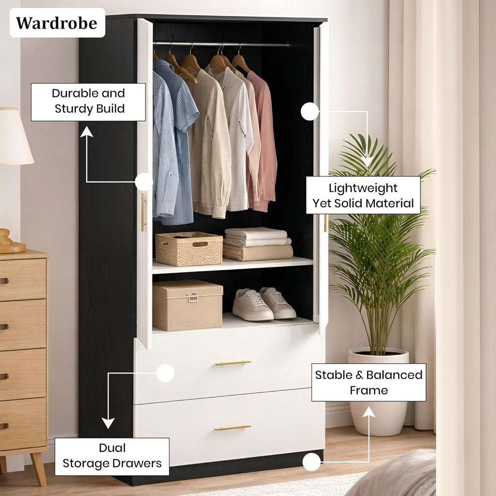 Callas Estoria 2 Door Wooden Wardrobe with 2 Large Drawers | Spacious Hanging Section | Multi-Utility Side Shelves | Engineered Wood Almirah for Bedroom | Free Installation with 1 Year Warranty (White-Black, Estoria-2)