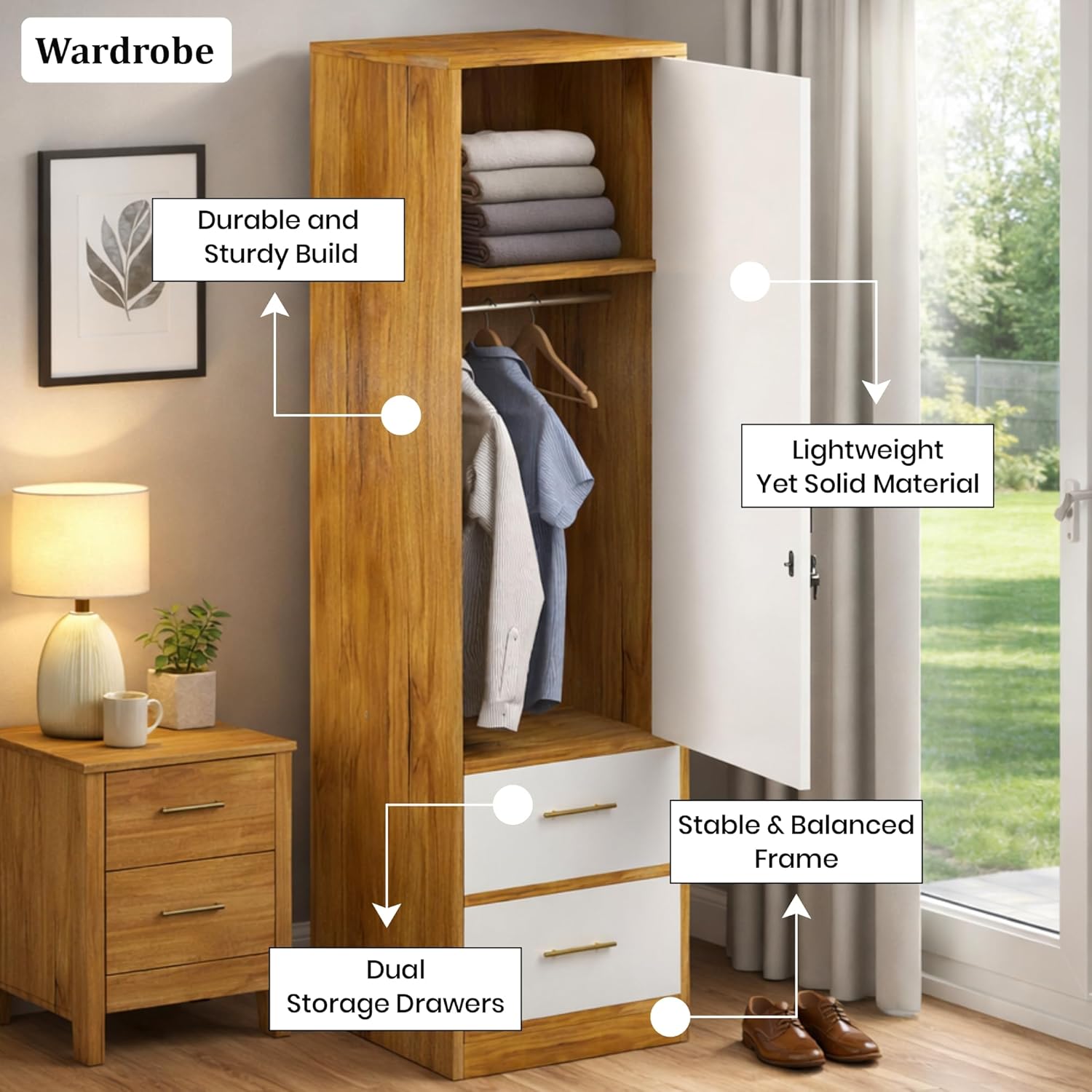 Callas Single Door Wardrobe with Hanging Space & Dual Drawers | Compact Storage Cabinet with Organized Interior | Modern Wooden Almirah for Bedroom & Home (White-Walnut, Estoria-1)