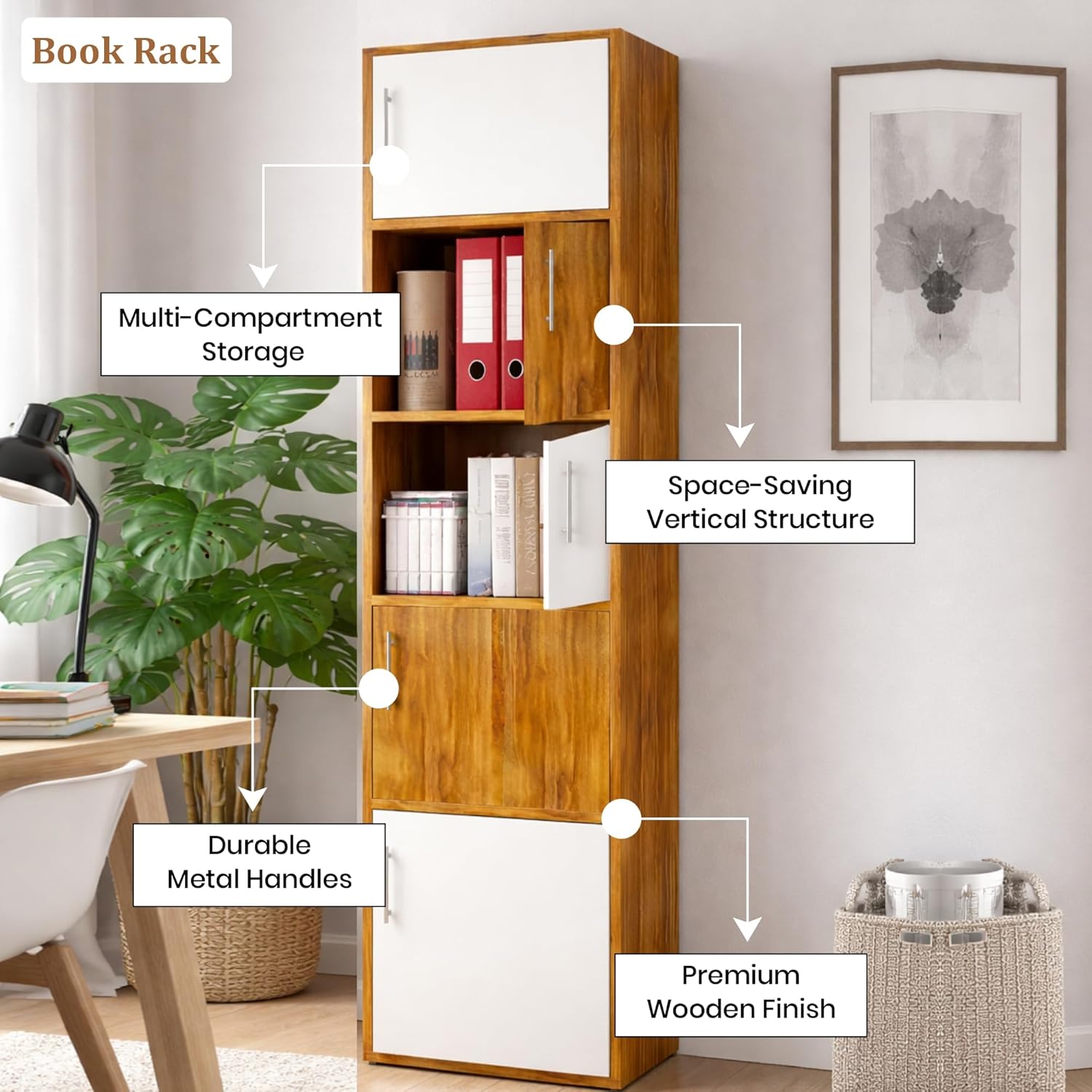 Callas Wooden Book Rack | Multi-Compartment Storage Cabinet | Space-Saving Vertical Bookshelf with Doors | Durable & Sturdy Organizer for Home & Office (BR-25-Walnut)