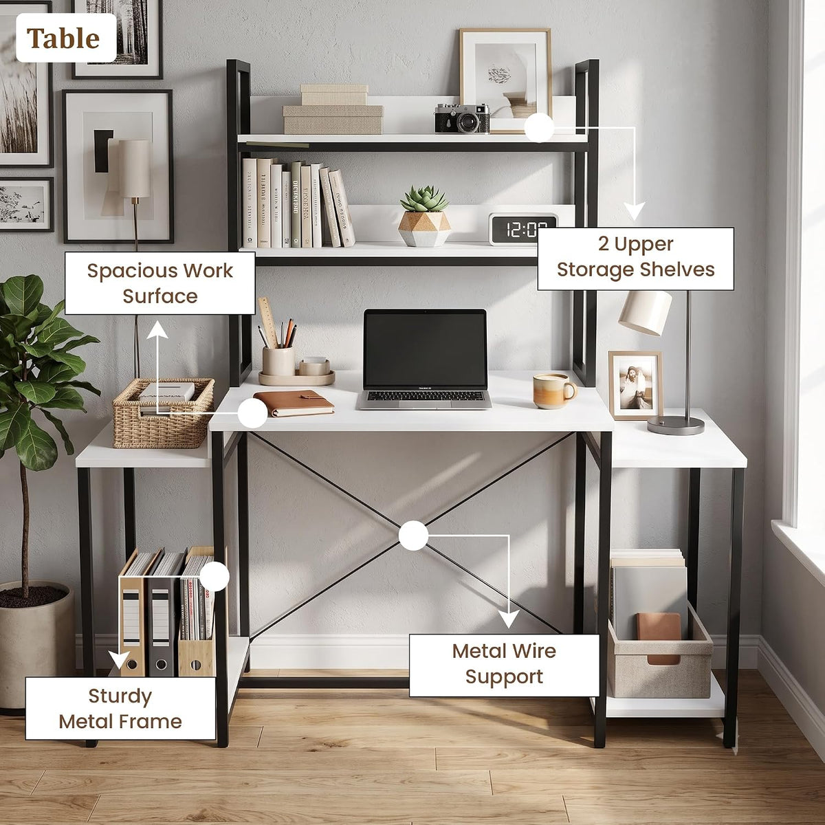 Callas DeskStation ST-26 Engineered Wood Study Table with Storage Hutch and Side Shelves for Home Office, Gaming Table,136L x 54W x 149H cm| Free Installation with 1 Year Warranty - White