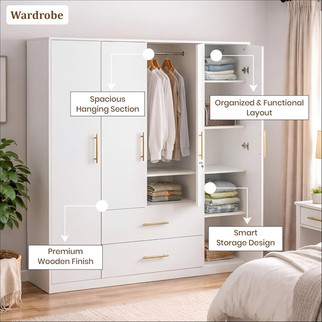 Callas Estoria 4 Door Wooden Wardrobe with 2 Large Drawers | Spacious Hanging Section | Multi-Utility Side Shelves | Engineered Wood Almirah for Bedroom | Free Installation with 1 Year Warranty (White-Estoria-4)
