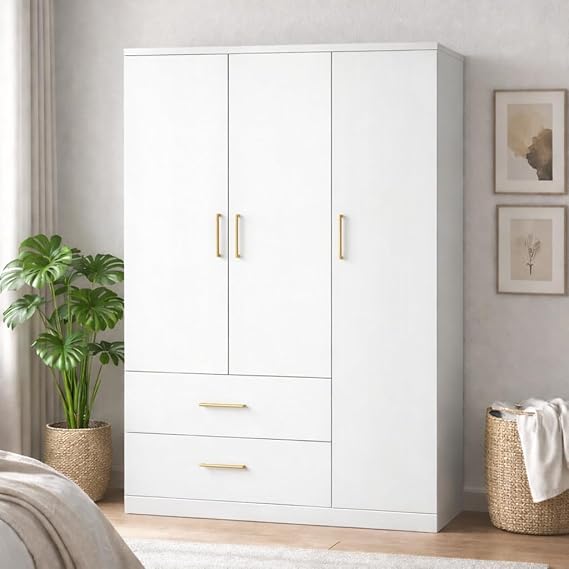 Callas Estoria 3 Door Wooden Wardrobe with 2 Large Drawers | Spacious Hanging Section | Multi-Utility Side Shelves | Engineered Wood Almirah for Bedroom (White, Estoria-3)