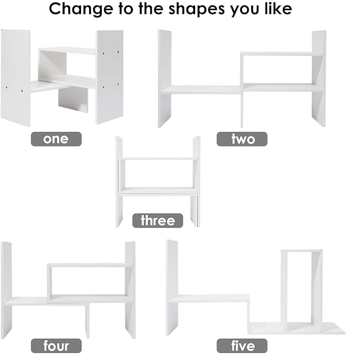 Callas Adjustable Wood Desktop Storage Organizer Display Shelf Rack | Spice Rack | Counter Top Bookcase Book Shelf | Home Décor Display & Storage Rack Cabinet Unit | (BS1-White)