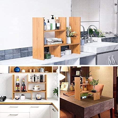 Callas Adjustable Wood Desktop Storage Organizer Display Shelf Rack | Spice Rack | Counter Top Bookcase Book Shelf | Home Décor Display & Storage Rack Cabinet Unit | Parent (BS-1-Brown)