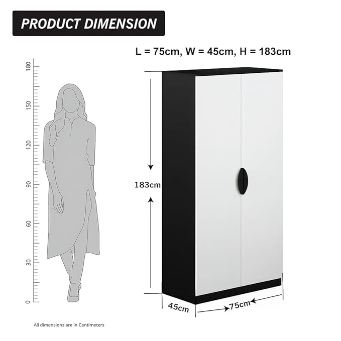 Callas 2 Door Engineered Wood Wardrobe | Modern Bedroom Storage Cabinet with Lock & Shelves | Compact Almirah for Clothes, Accessories & Home Organization (WD-01-Black)