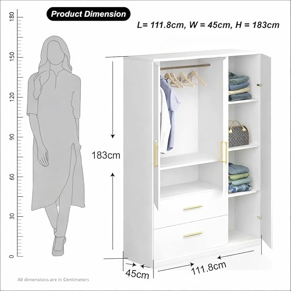 Callas Estoria 3 Door Wooden Wardrobe with 2 Large Drawers | Spacious Hanging Section | Multi-Utility Side Shelves | Engineered Wood Almirah for Bedroom (White, Estoria-3)
