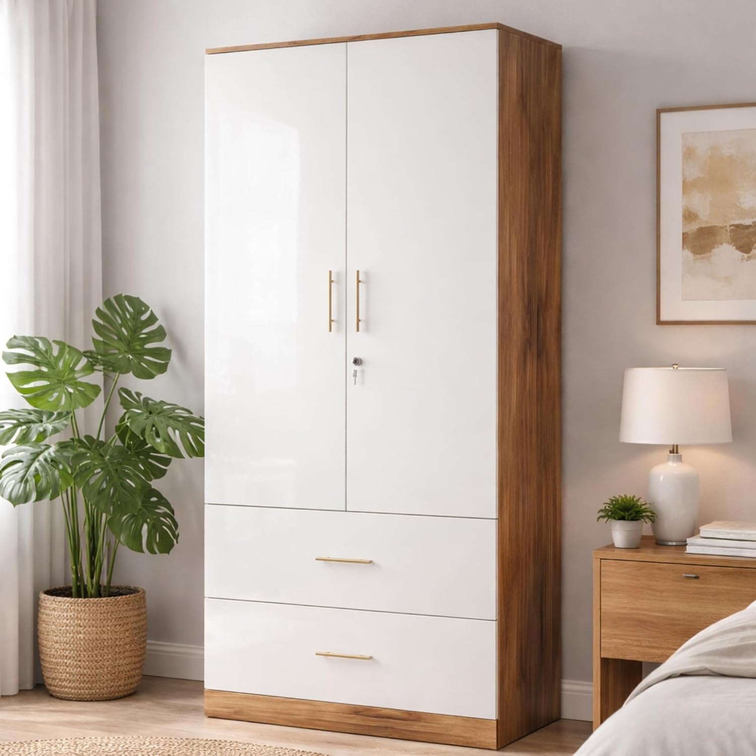 Callas Estoria 2 Door Wooden Wardrobe with 2 Large Drawers | Spacious Hanging Section | Multi-Utility Side Shelves | Engineered Wood Almirah for Bedroom |Free Installation with 1 Year Warranty (White-Walnut, Estoria-2)