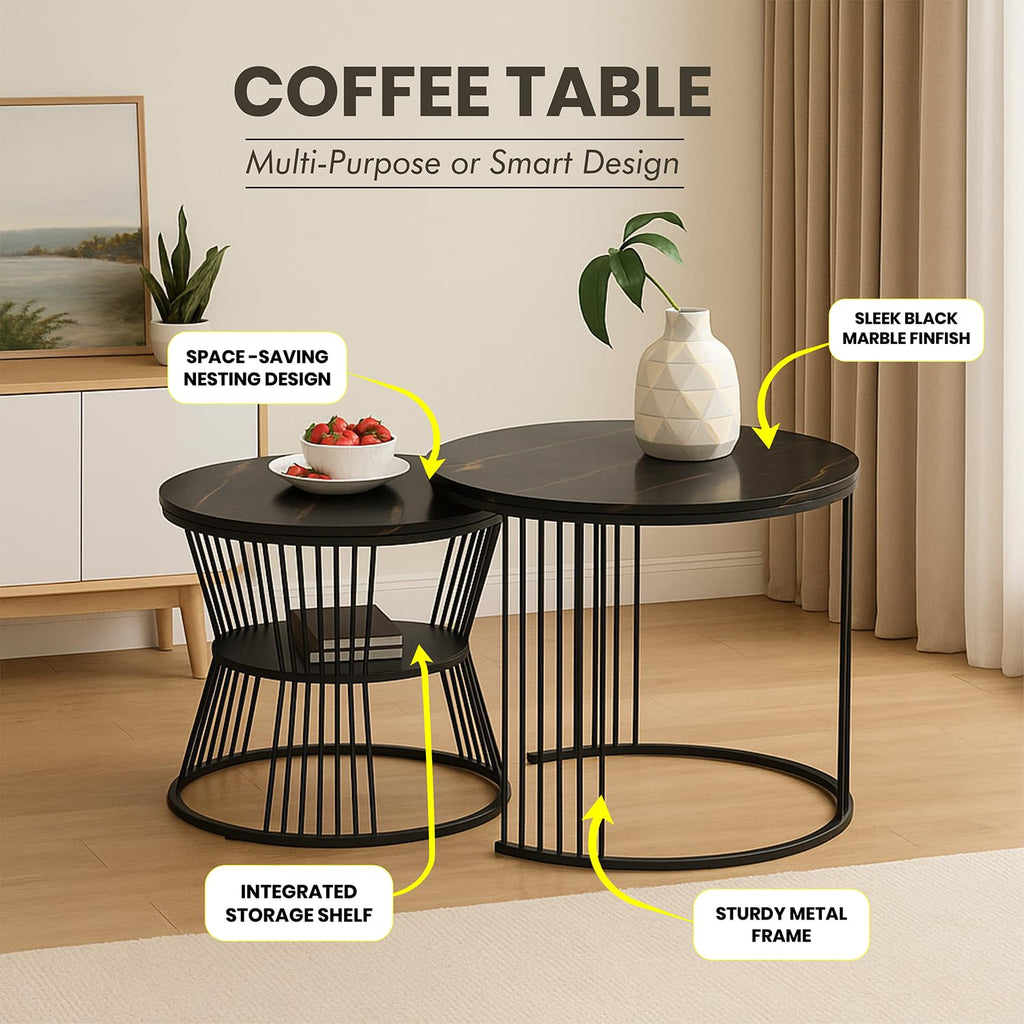 Callas Modern Nesting Coffee Table Set of 2 with Marble Finish Engineered Wood Top and Gold Metal Frame | Round Living Room Center Table for Sofa Side Home Decor | Pre-Assembled (Black, CT-03)