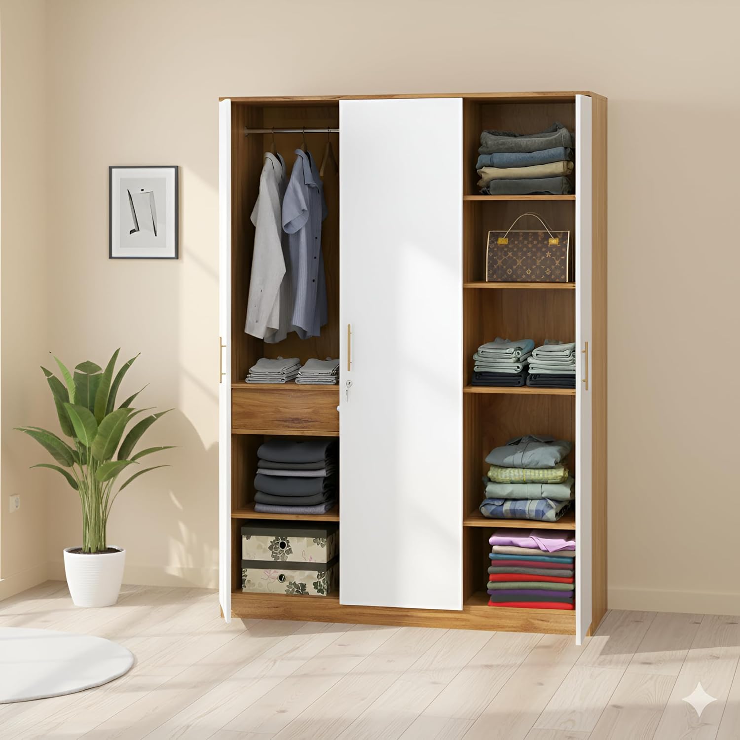 Callas 3 Door Wooden Wardrobe for Bedroom | Engineered Wood Almirah with Hanging Rod, Lockable Door & Drawer |1 Year Warranty with Free Installation (Wardrobe-Walnut)