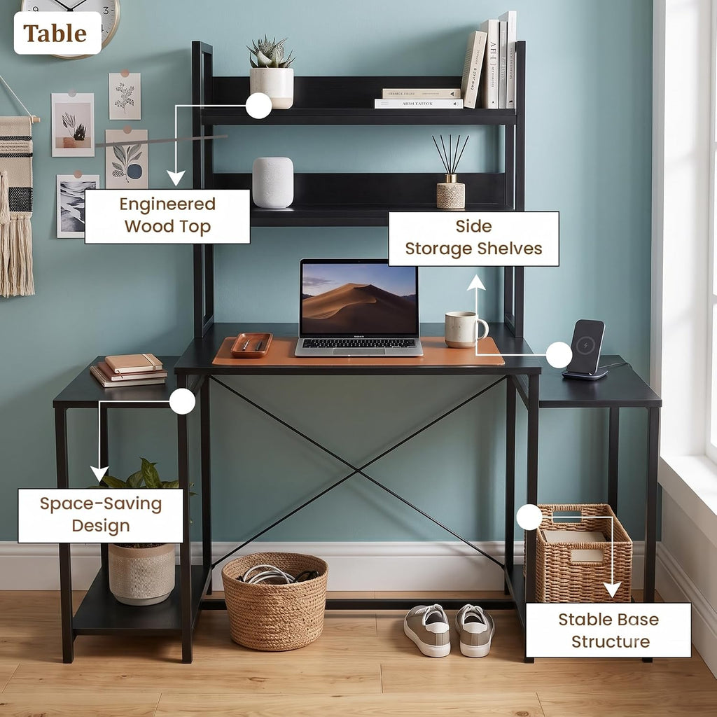 Callas DeskStation ST-26 Engineered Wood Study Table with Storage Hutch and Side Shelves for Home Office, Gaming Table,136L x 54W x 149H cm| Free Installation with 1 Year Warranty - Black