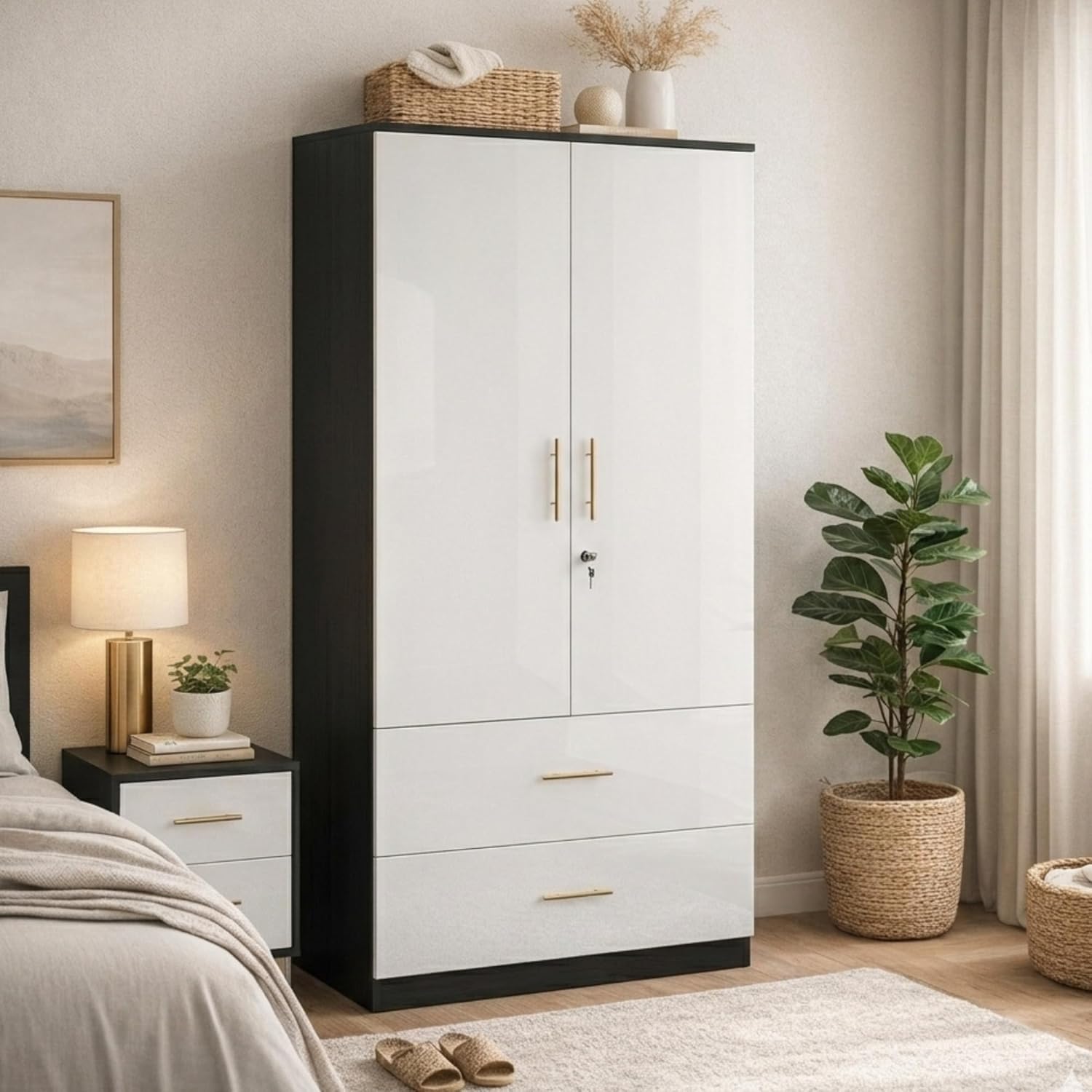 Callas Estoria 2 Door Wooden Wardrobe with 2 Large Drawers | Spacious Hanging Section | Multi-Utility Side Shelves | Engineered Wood Almirah for Bedroom | Free Installation with 1 Year Warranty (White-Black, Estoria-2)