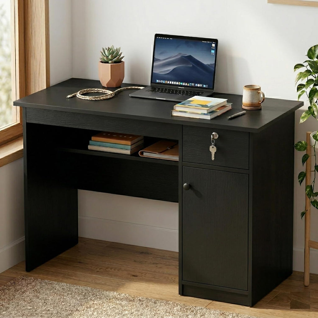 Callas DeskVault ST-18 Engineered Wood Study Table with Lockable Drawer, Storage Cabinet and Open Shelf for Home Office, Bedroom and Living Room, 120L x 59W x 75H cm - Black