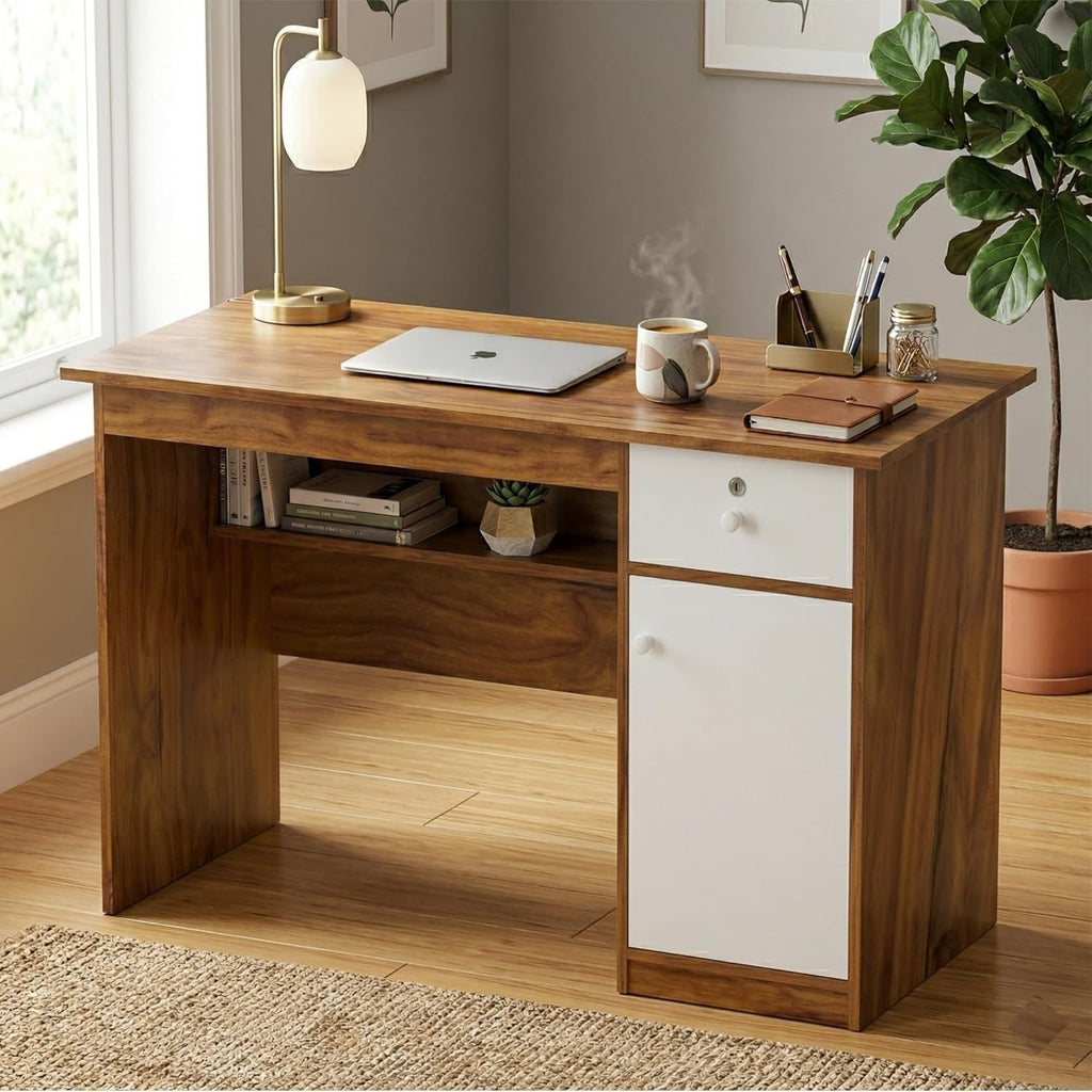 Callas DeskVault ST-18 Engineered Wood Study Table with Lockable Drawer, Storage Cabinet and Open Shelf for Home Office, Bedroom and Living Room, 120L x 59W x 75H cm - Walnut