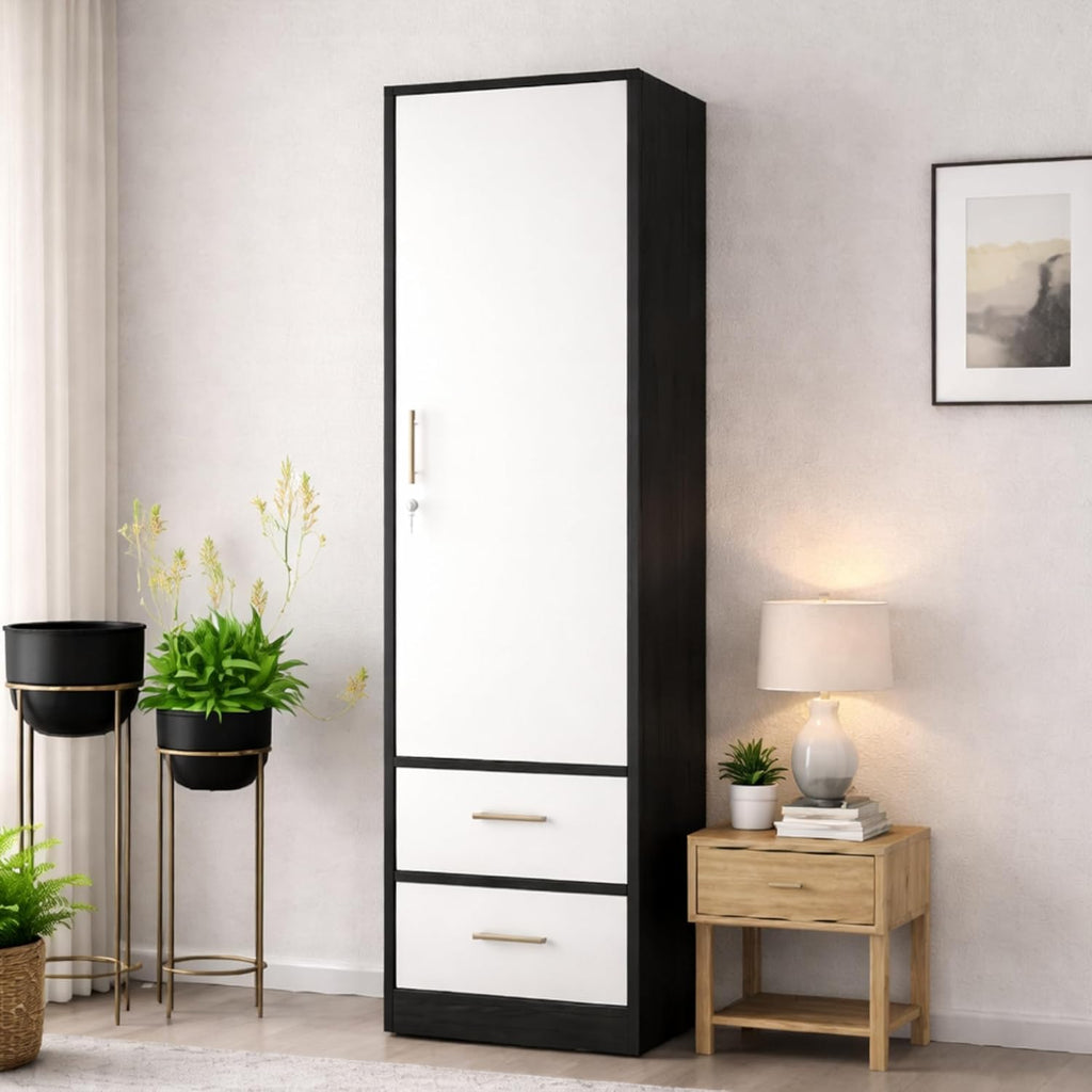 Callas Single Door Wardrobe with Hanging Space & Dual Drawers | Compact Storage Cabinet with Organized Interior | Modern Wooden Almirah for Bedroom & Home (White-Black, Estoria-1)