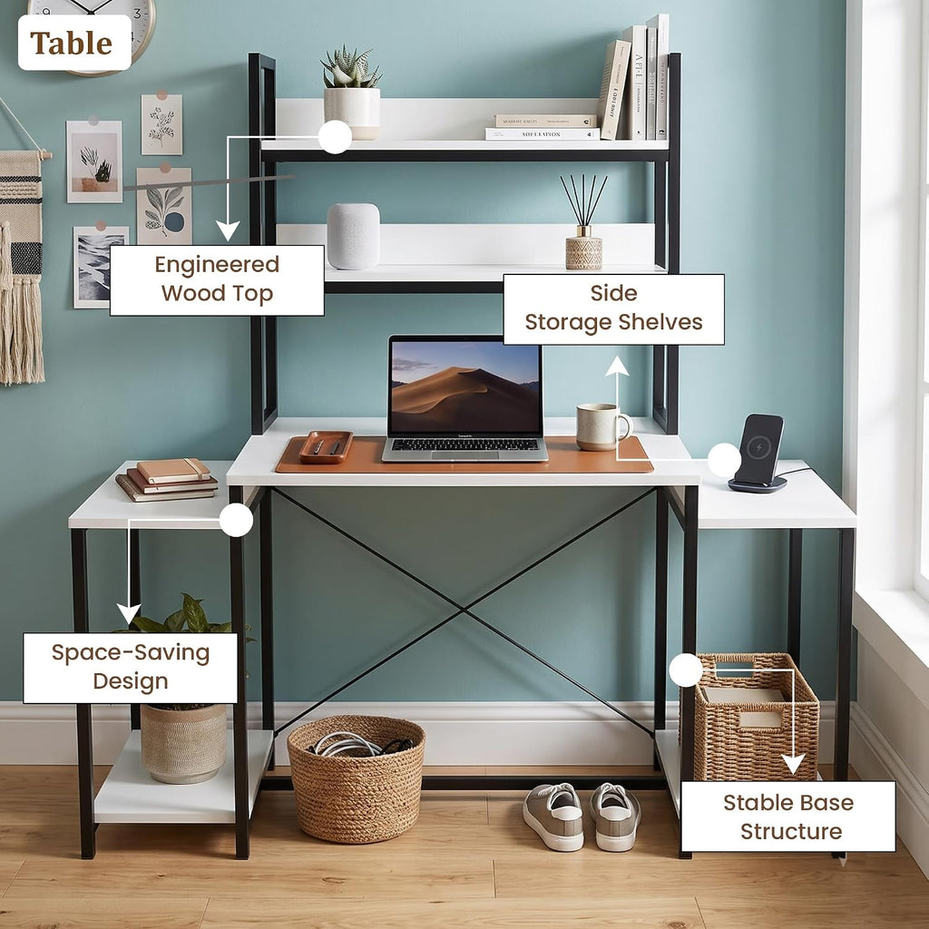 Callas DeskStation ST-26 Engineered Wood Study Table with Storage Hutch and Side Shelves for Home Office, Gaming Table,136L x 54W x 149H cm| Free Installation with 1 Year Warranty - White