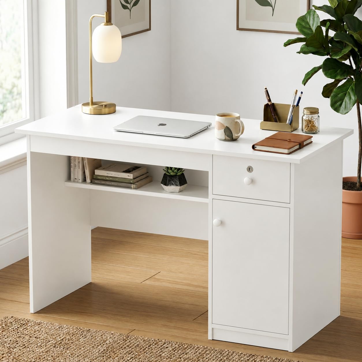 Callas DeskVault ST-18 Engineered Wood Study Table with Lockable Drawer, Storage Cabinet and Open Shelf for Home Office, Bedroom and Living Room, 120L x 59W x 75H cm - White