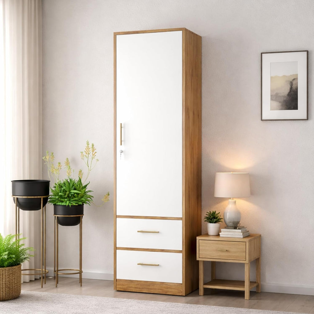 Callas Single Door Wardrobe with Hanging Space & Dual Drawers | Compact Storage Cabinet with Organized Interior | Modern Wooden Almirah for Bedroom & Home (White-Walnut, Estoria-1)