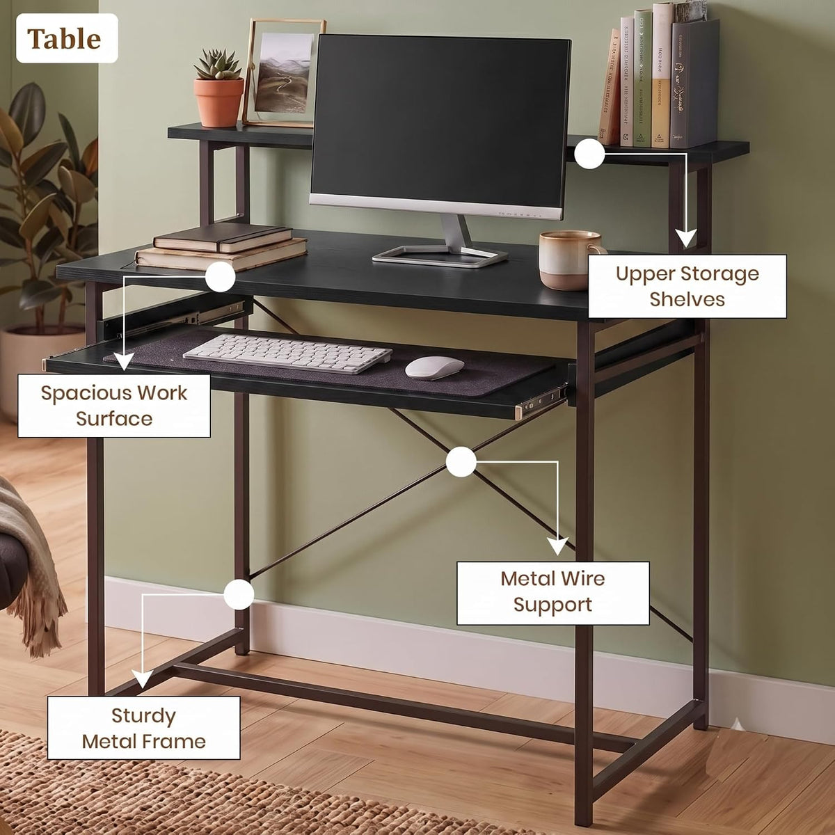 Callas ST-25 DeskMate Pro Engineered Wood Study Desk | 90×54×94.5 cm | Sliding Keyboard Tray, Monitor Riser Shelf | Metal Frame | Home Office, Gaming & Kids Room (Black, ST-25) - 1 Year Warranty
