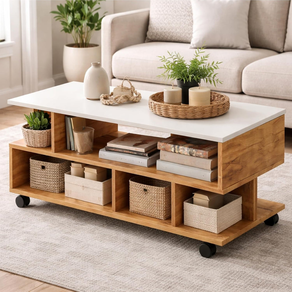 Callas Coffee Table with Multi-Purpose Storage, Wood, Walnut and Natural Finish,Modern Style (Walnut, CT-22-Wheel)