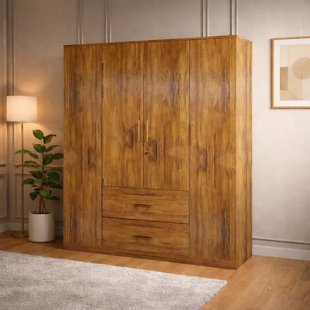 Callas Estoria 4 Door Wooden Wardrobe with 2 Large Drawers | Spacious Hanging Section | Multi-Utility Side Shelves | Engineered Wood Almirah for Bedroom | Free Installation with 1 Year Warranty (Walnut-Estoria-4)
