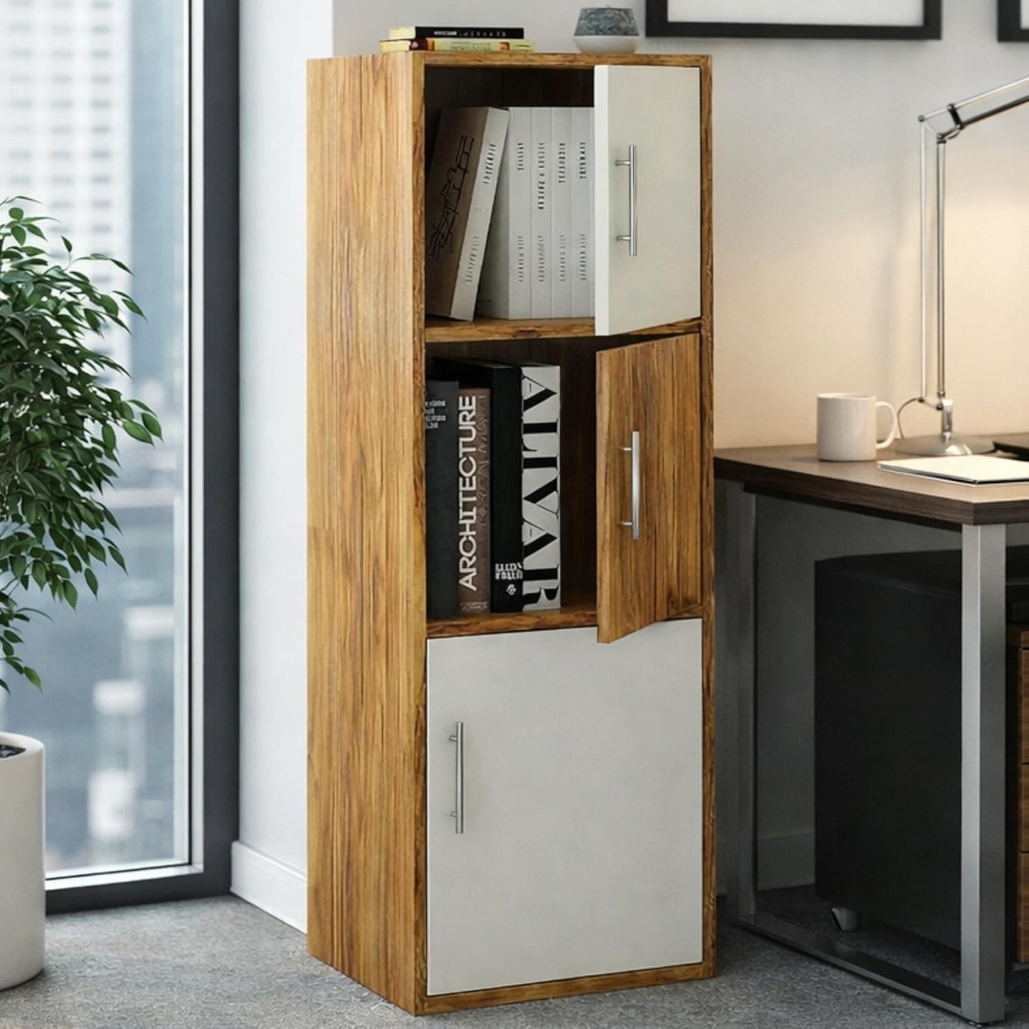 Callas Wooden Book Rack | Multi-Compartment Storage Cabinet | Space-Saving Vertical Bookshelf with Doors | Durable & Sturdy Organizer for Home & Office (BR-11-Walnut)