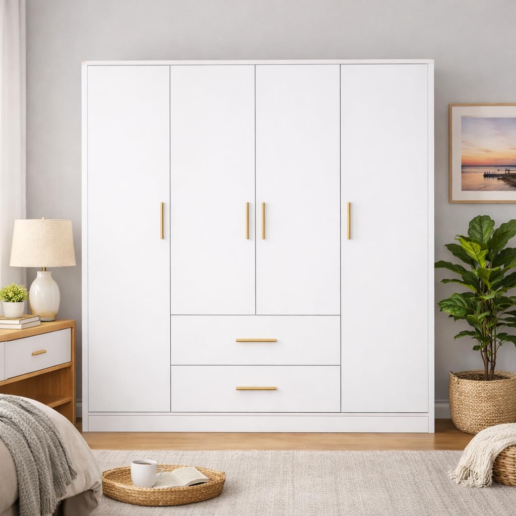 Callas Estoria 4 Door Wooden Wardrobe with 2 Large Drawers | Spacious Hanging Section | Multi-Utility Side Shelves | Engineered Wood Almirah for Bedroom | Free Installation with 1 Year Warranty (White-Estoria-4)