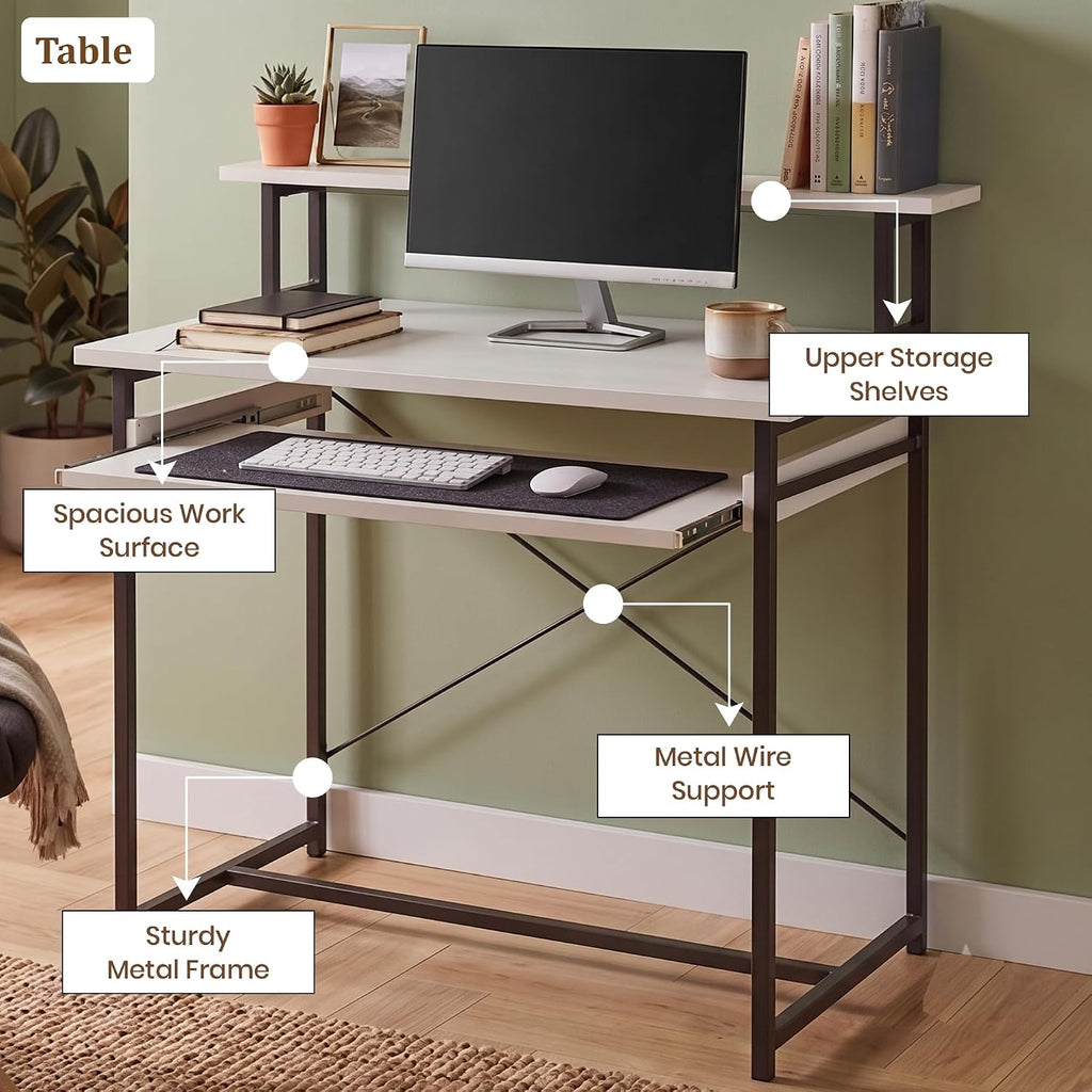 Callas ST-25 DeskMate Pro Engineered Wood Study Desk | 90×54×94.5 cm | Sliding Keyboard Tray, Monitor Riser Shelf | Metal Frame | Home Office, Gaming & Kids Room (White, ST-25) - 1 Year Warranty