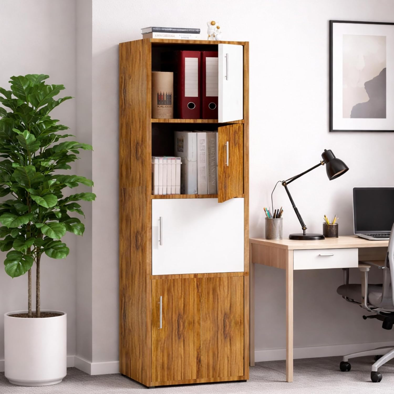 Callas Wooden Book Rack | Multi-Compartment Storage Cabinet | Space-Saving Vertical Bookshelf with Doors | Durable & Sturdy Organizer for Home & Office (BR-24-Walnut)