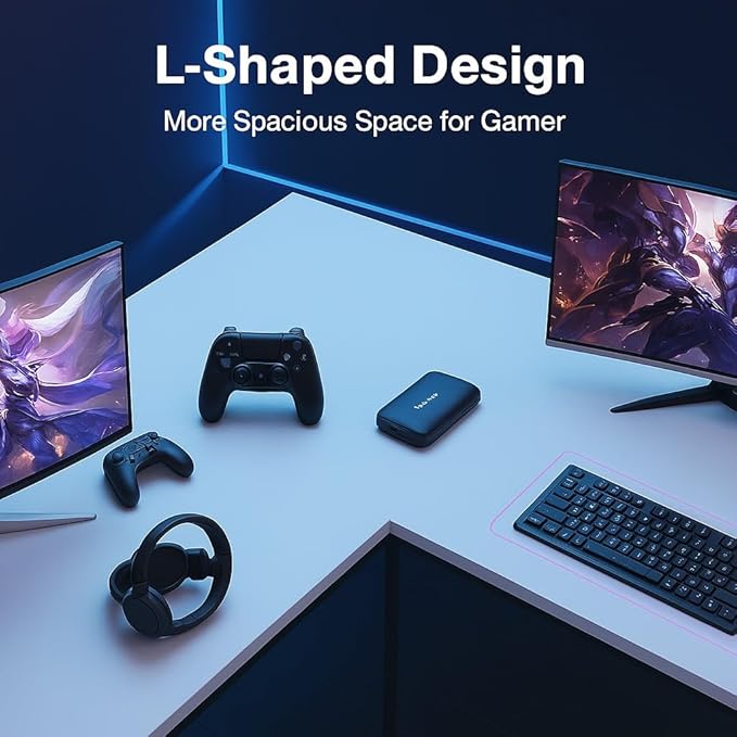 Callas L-Shaped Gaming Desk, 127 cm Corner Computer Table, White Desktop with Black Frame, Storage Shelf(White, ST22)