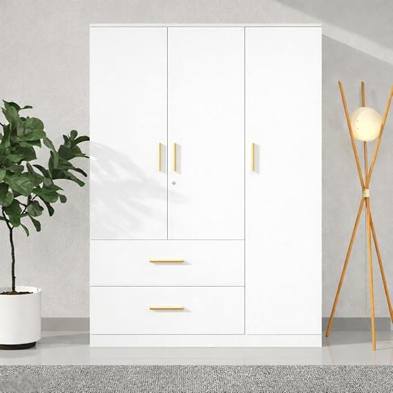 Callas Estoria 3 Door Wooden Wardrobe with 2 Large Drawers | Spacious Hanging Section | Multi-Utility Side Shelves | Engineered Wood Almirah for Bedroom (White, Estoria-3)