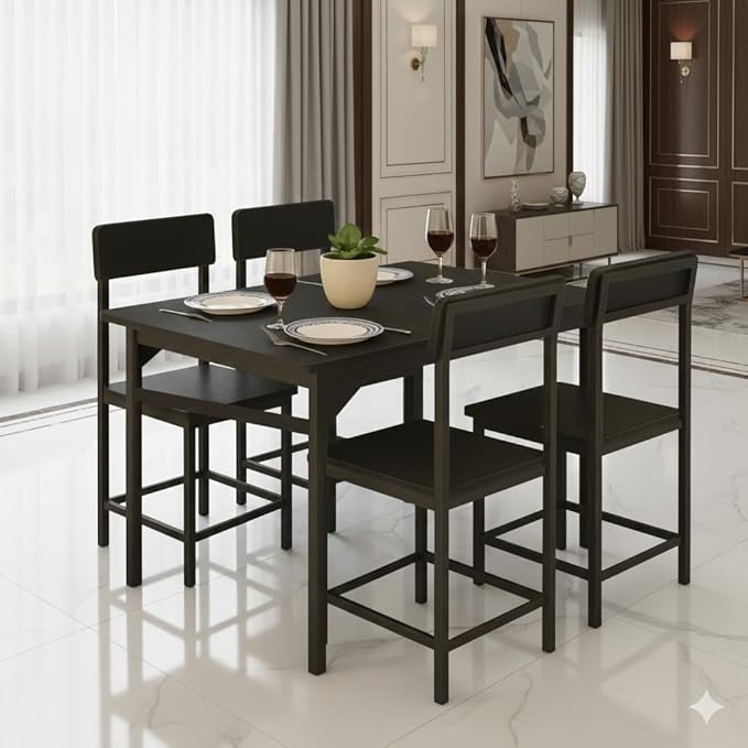 Callas 4 Seater Dining Table Set for Home | Compact Modern Dining Table with 4 Chairs | Ideal for Kitchen, Dining Room (Black, DN-01)